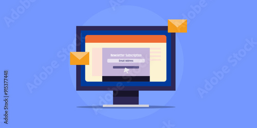 Email marketing newsletter subscription popup display on blog or website page, business communication marketing technology for gathering user data, email list concept vector illustration.