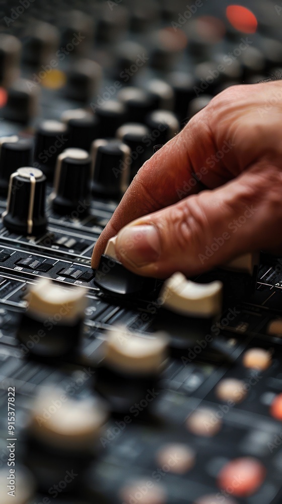 Close-up of a hand adjusting a knob on a sound mixer. Close-up of a hand adjusting a knob on a sound mixer.