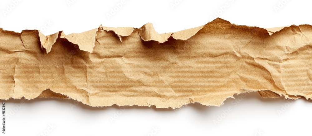 Old craft torn wrapping paper stripe piece isolated on a white background An aged brown kraft sheet with copyspace Old craft torn wrapping paper stripe piece isolated on a white background An aged brown kraft sheet with copyspace