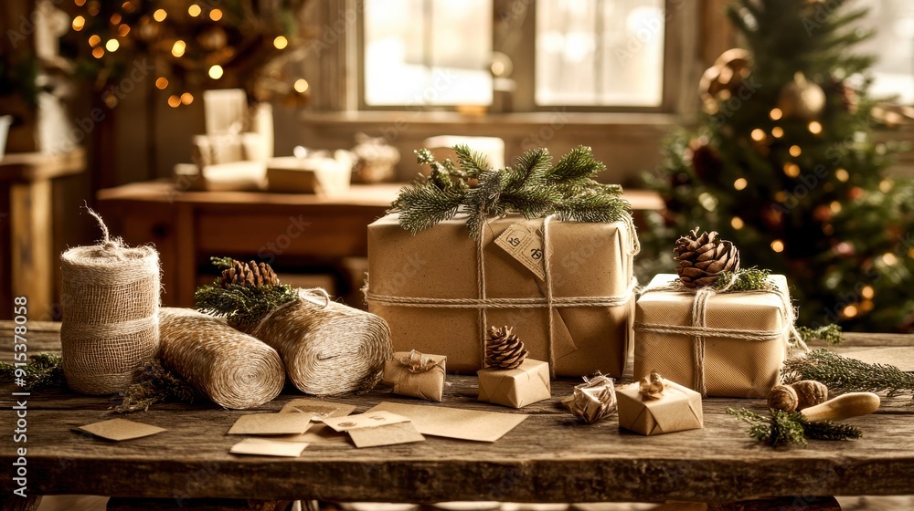 Beautifully wrapped gifts are placed on a rustic wooden table, surrounded by evergreen branches and holiday decor, creating a festive ambiance Beautifully wrapped gifts are placed on a rustic wooden table, surrounded by evergreen branches and holiday decor, creating a festive ambiance