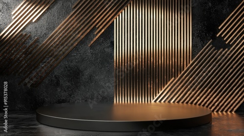 Foto Glamorous Geometric Podium Display, showcasing a cosmetic product on a brushed metallic surface with striking golden lines forming sharp angles against a pewter backdrop