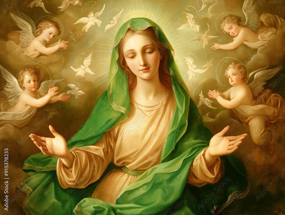 A painting of Mary holding a green veil with a bird on it. The painting is of a religious nature