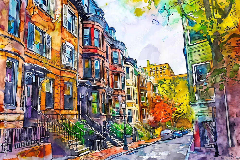 Fototapeta premium Watercolor Illustration of a Row of Colorful Townhouses on a Street.