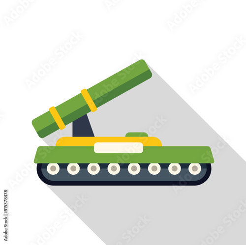 Green military tank with rocket launcher pointing up on white background