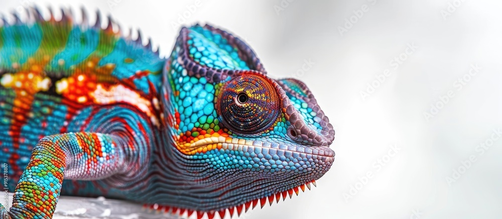 Obraz premium Ambanja Panther Chameleon Furcifer pardalis set against a white background. with copy space image. Place for adding text or design