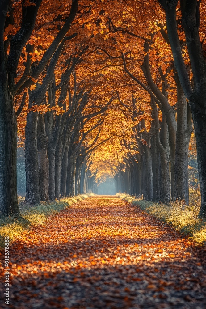 Fototapeta premium Beautiful autumn alley with colorful leaves forming a tunnel