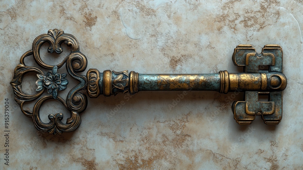 Intricately designed metal key with an antique finish, vintage elegance Intricately designed metal key with an antique finish, vintage elegance