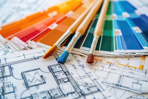 Interior designer choosing colors for apartment renovation project using blueprints