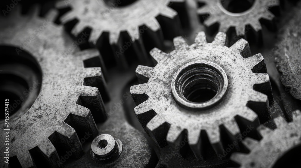 Close-up view of interlocking metal gears forming a complex mechanism in monochrome Close-up view of interlocking metal gears forming a complex mechanism in monochrome