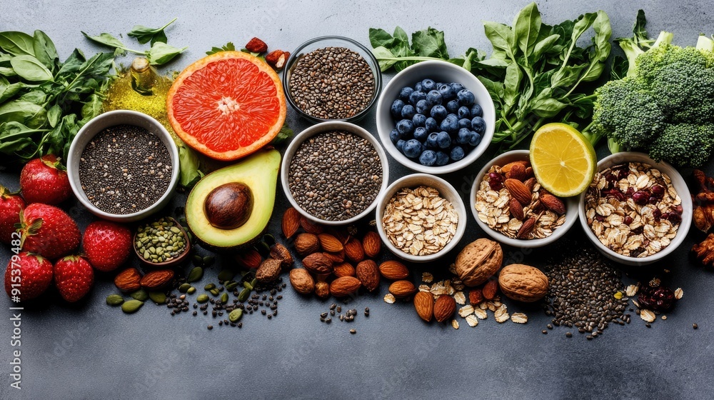 Selection of healthy food for a balanced diet promoting wellbeing Selection of healthy food for a balanced diet promoting wellbeing