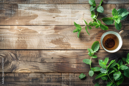 top view of mint tea in cup and mint plant on dark wooden table with copy space for text