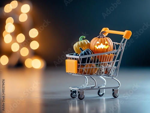 Spooky Shopping Cart Graphic representation of a shopping cart filled with Halloween items with illuminated light effects. photo