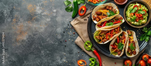 Assortment of Mexican dishes and snacks on a light gray background Concept of world cuisines Top view flat lay copyspace