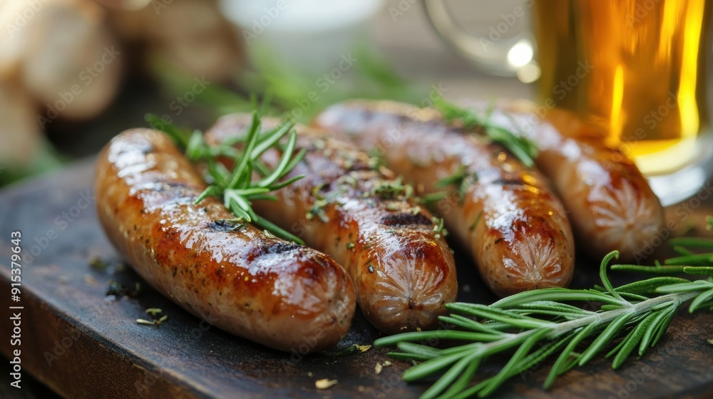 Grilled Sausages with Herbs and Beer on Wooden Board
Grilled Sausages with Herbs and Beer on Wooden Board