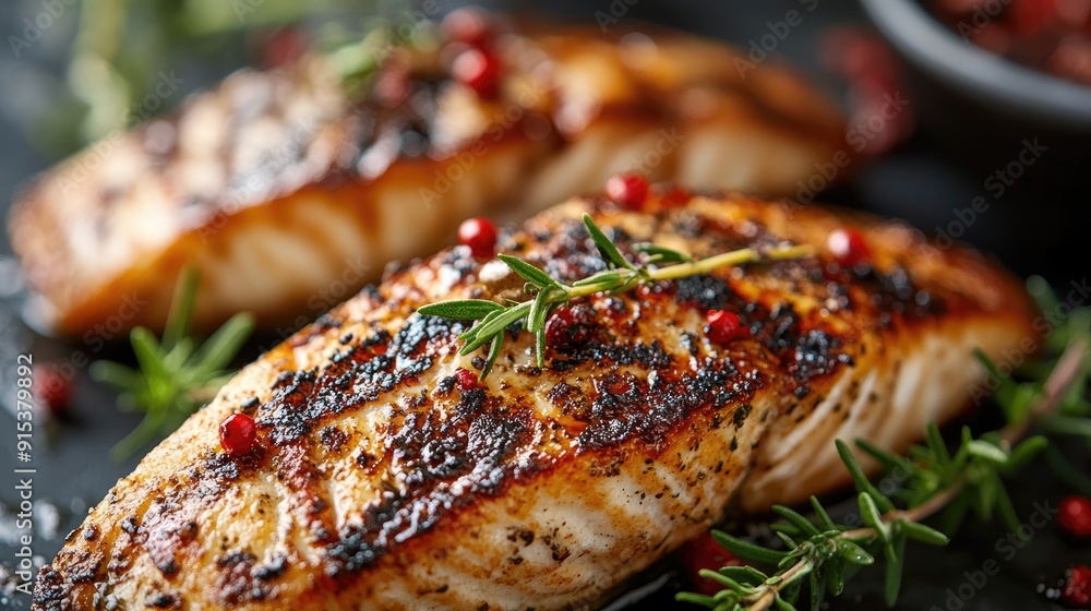Close-up of perfectly grilled fish garnished with fresh herbs and spices, showcasing a delicious and aromatic dish. Close-up of perfectly grilled fish garnished with fresh herbs and spices, showcasing a delicious and aromatic dish.