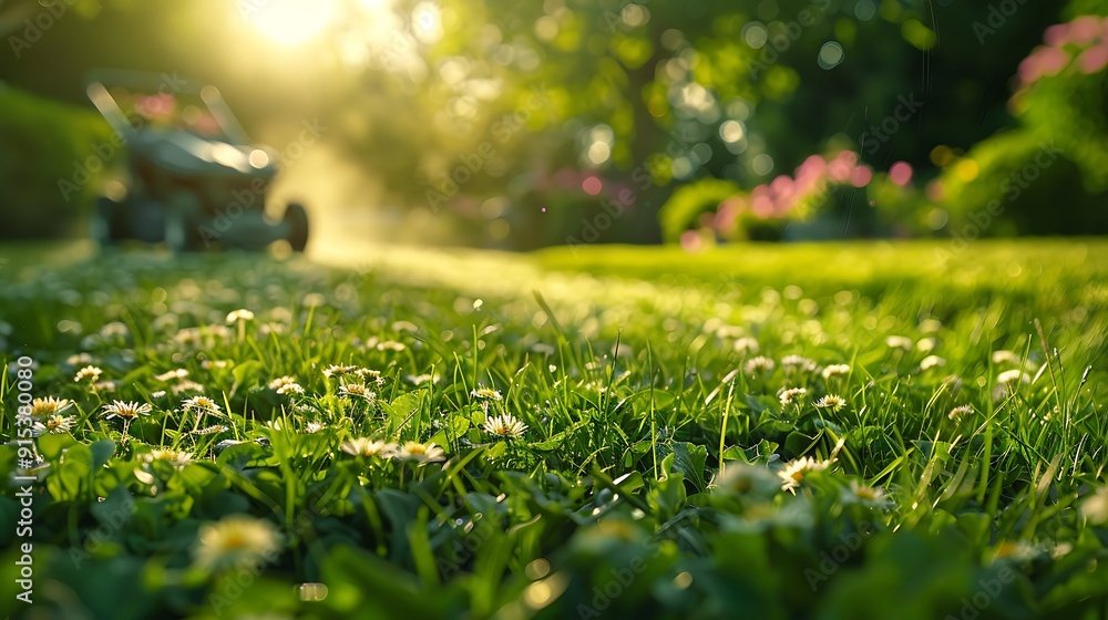 A detailed view of a professional landscaper mowing a large lawn, commercial lawnmower in use, lush green grass, sunny day, precise and clean action, hd quality, realistic textures, soft focus. A detailed view of a professional landscaper mowing a large lawn, commercial lawnmower in use, lush green grass, sunny day, precise and clean action, hd quality, realistic textures, soft focus.