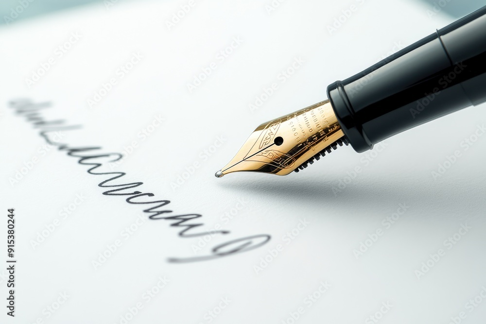 Fototapeta premium Luxury fountain pen writing signature on white paper