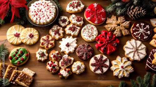 Colorful holiday cookies with intricate decorations are beautifully arranged on a wooden table, evoking a warm, festive atmosphere