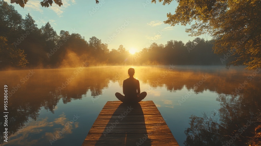Silhouette of a person meditating on a wooden dock overlooking a tranquil lake at sunrise. Silhouette of a person meditating on a wooden dock overlooking a tranquil lake at sunrise.