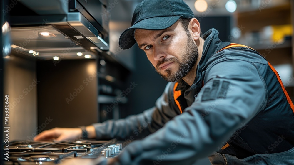 Professional technician installing modern kitchen stovetop in a stylish home Professional technician installing modern kitchen stovetop in a stylish home