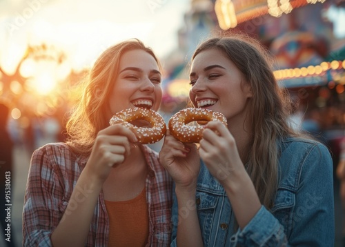 Smiling Friends Enjoying Pretzels at Sunset Festival

 photo