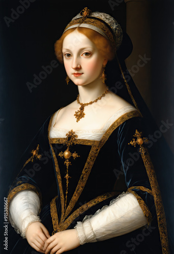 Renaissance-style painting portrait of a princess in gothic clothing, Generative AI