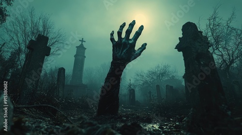 Zombie hand rising out of grave in spooky cemetery at night