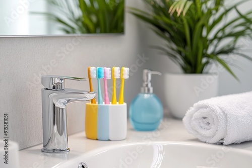 A modern bathroom features a shiny faucet, a vibrant toothbrush holder with colorful toothbrushes, and a neatly rolled towel next to a pump bottle