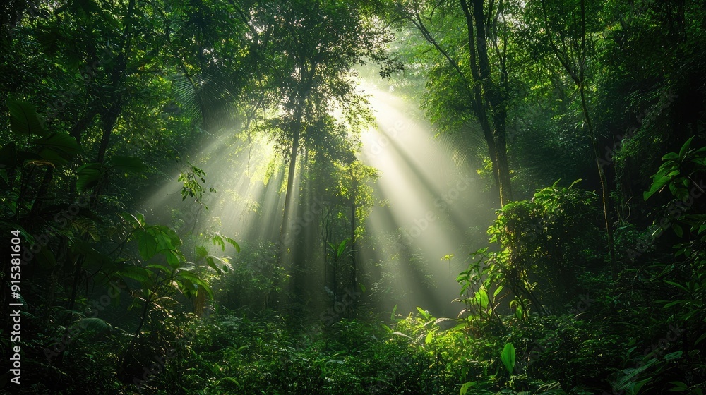 Lush green forest with sunlight streaming through the canopy, showcasing nature's beauty. Lush green forest with sunlight streaming through the canopy, showcasing nature's beauty.
