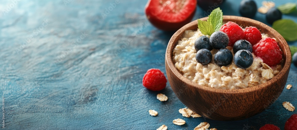 Oatmeal in a wooden bowl is on the table accompanied by fruits This represents a choice for a healthy lifestyle Breakfast. with copy space image. Place for adding text or design Oatmeal in a wooden bowl is on the table accompanied by fruits This represents a choice for a healthy lifestyle Breakfast. with copy space image. Place for adding text or design