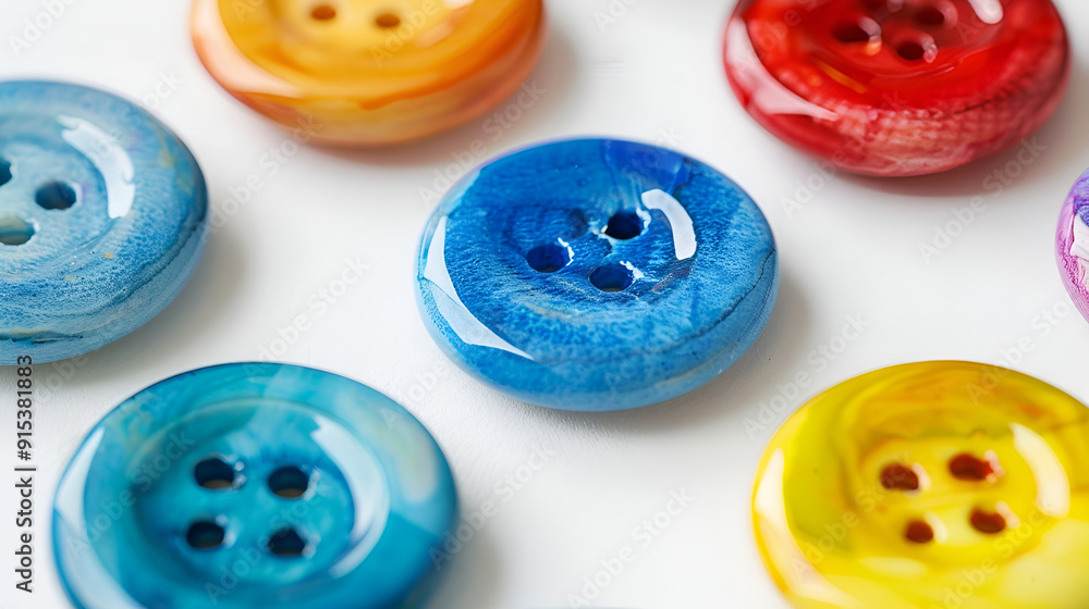 Colourful buttons on paper background in closeup, Buttons on blue cloth Colourful buttons on paper background in closeup, Buttons on blue cloth