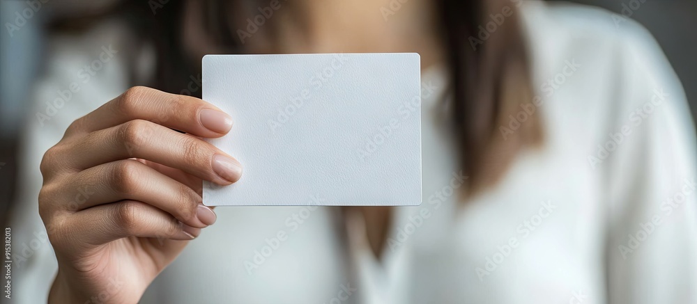 Woman holding a blank white card focus is selectively on the hand. with copy space image. Place for adding text or design Woman holding a blank white card focus is selectively on the hand. with copy space image. Place for adding text or design
