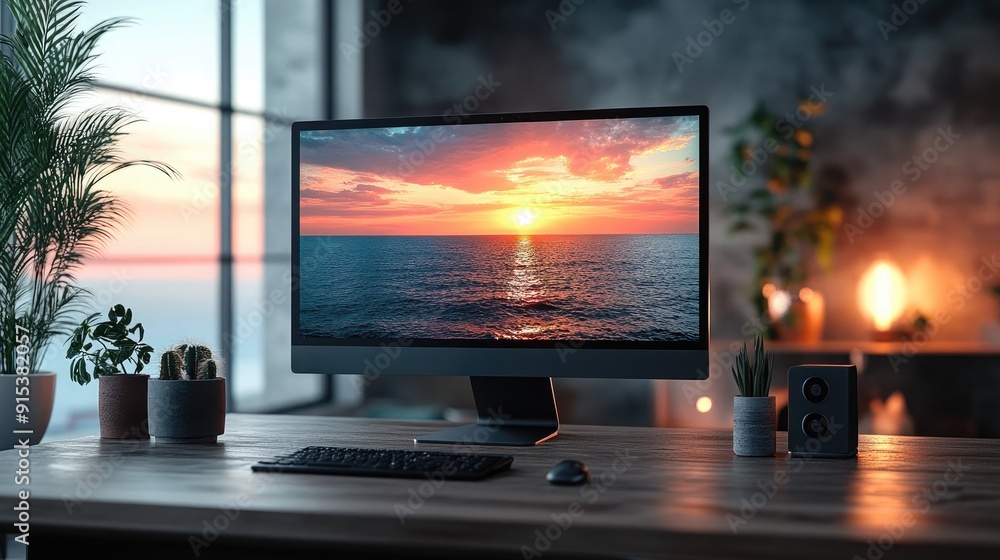 Modern desktop computer monitor with a minimalistic design, sleek and efficient Modern desktop computer monitor with a minimalistic design, sleek and efficient