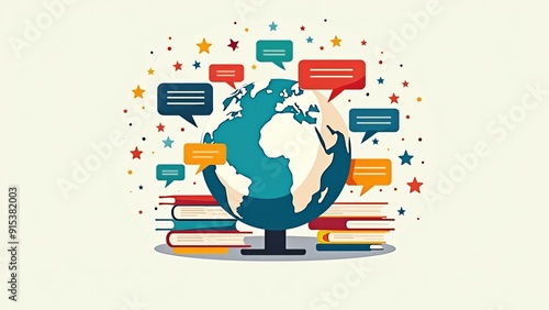 World Language Day: Global Education Concept with Books, Earth, and Communication Icons