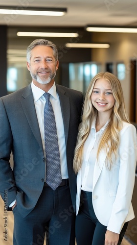 A middle-aged man in a suit stands proudly next to his smiling daughter, showcasing a warm connection in a contemporary workplace