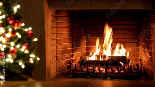 Christmas tree close up on burning fireplace background