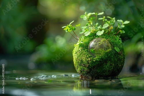 Green ball decorated with natural elements. Leaves, water drops and sunlight symbolizing life. Represents the fragile balance of the Earth's ecosystems. Emphasizes the beauty and fragility of nature