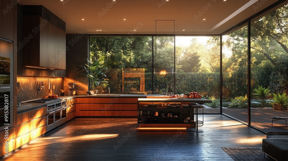 Modern kitchen with sleek appliances and a stylish island, contemporary design Modern kitchen with sleek appliances and a stylish island, contemporary design