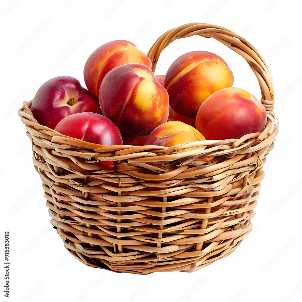 Nectarine, In a cute woven basket, photograph, studio toning, 4k, single object, isolated on white background. Nectarine, In a cute woven basket, photograph, studio toning, 4k, single object, isolated on white background.