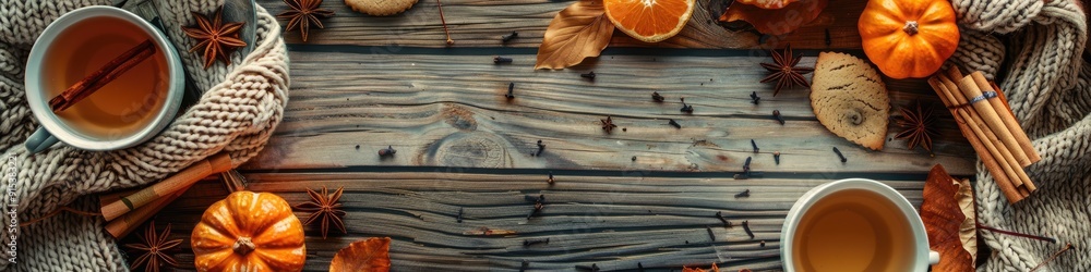 Cozy hygge at home Tea or coffee autumn spices cookies blanket pumpkins leaves books and tangerines on a wooden table Top view Cozy hygge at home Tea or coffee autumn spices cookies blanket pumpkins leaves books and tangerines on a wooden table Top view
