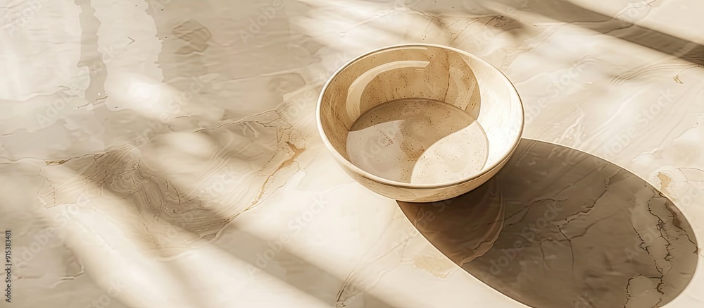 Beige bowl filled with water on a white marble table seen from above Room for text. with copy space image. Place for adding text or design
