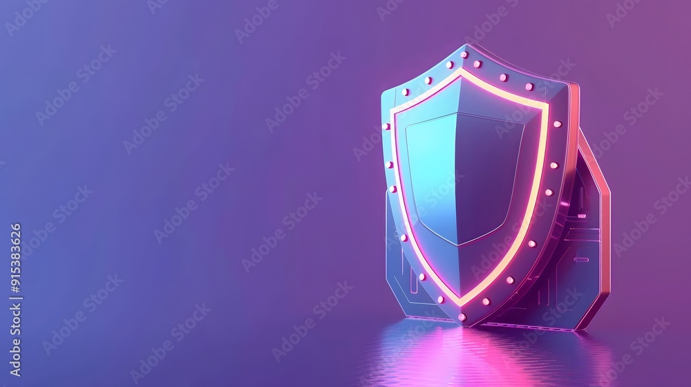 3D render of a futuristic shield with neon lights, symbolizing protection and security, on a gradient purple background. 3D render of a futuristic shield with neon lights, symbolizing protection and security, on a gradient purple background.