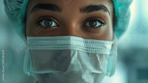 Close up portrait of female doctor wearing surgical mask and cap, highlighting her focused eyes and professional demeanor, symbolizing dedication and resilience in healthcare