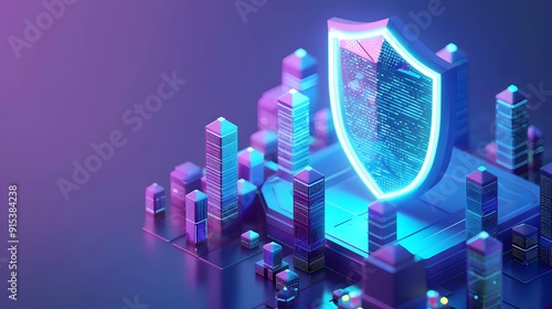 3D rendering of a glowing shield symbolizing cybersecurity amidst futuristic buildings, emphasizing protection and technology.