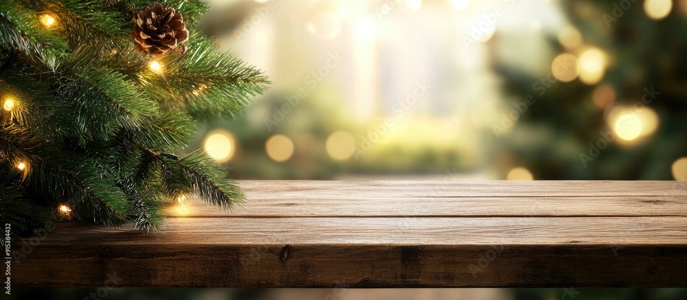Vacant wooden tabletop for showcasing products against a Christmas themed backdrop of fir branches and lights. with copy space image. Place for adding text or design Vacant wooden tabletop for showcasing products against a Christmas themed backdrop of fir branches and lights. with copy space image. Place for adding text or design