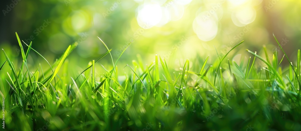 Obraz premium Close up view of green grass blades in a natural landscape in the countryside Stunning rural scenery with a strong blurry background. with copy space image. Place for adding text or design