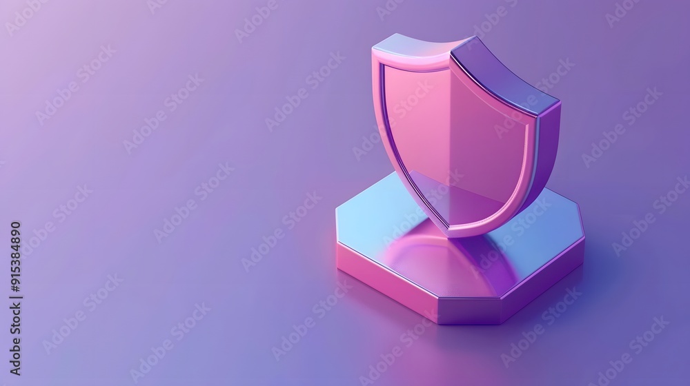 A 3D rendering of a glossy pink shield placed on a hexagonal platform, symbolizing security and protection in a minimalistic design. A 3D rendering of a glossy pink shield placed on a hexagonal platform, symbolizing security and protection in a minimalistic design.