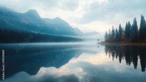 A calm lake reflecting the surrounding mountains and trees, with a soft mist hanging over the water at dawn