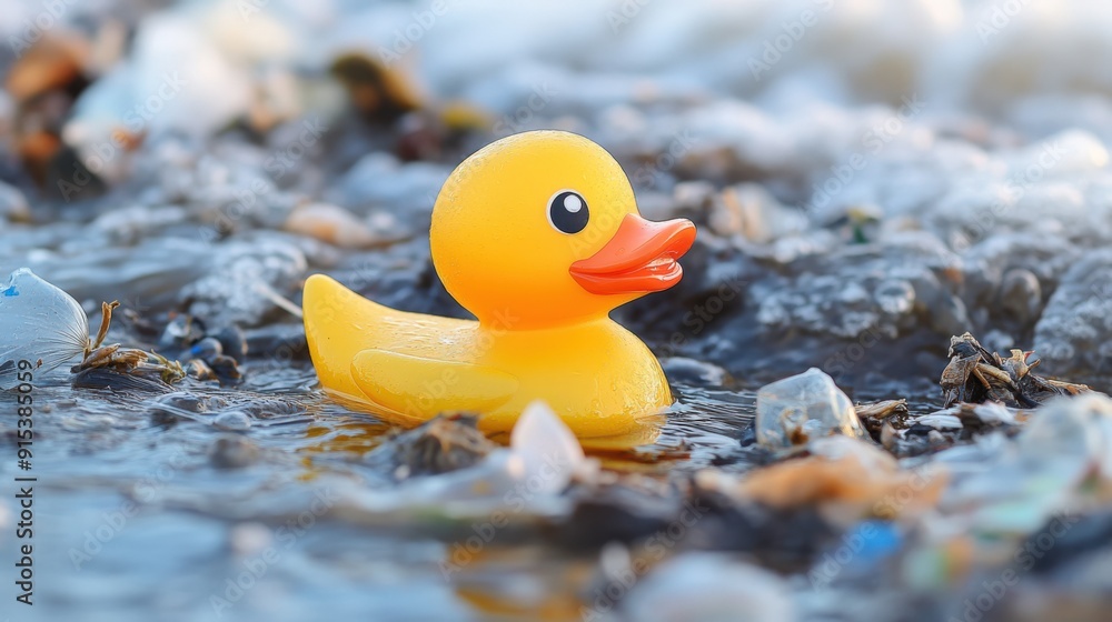 Yellow rubber duck floating in dirty water Yellow rubber duck floating in dirty water