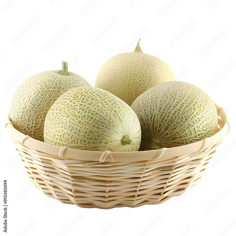 Cantaloupes, In a cute woven basket, photograph, studio toning, 4k, single object, isolated on white background. Cantaloupes, In a cute woven basket, photograph, studio toning, 4k, single object, isolated on white background.